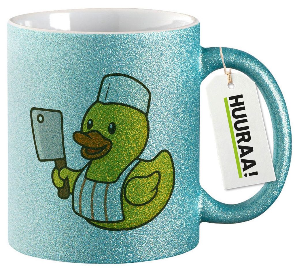 Huuraa Glitzertasse Quietscheente Metzgerei Comic Gummiente 330ml Blau Keramik Kaffeebecher Geschenkidee