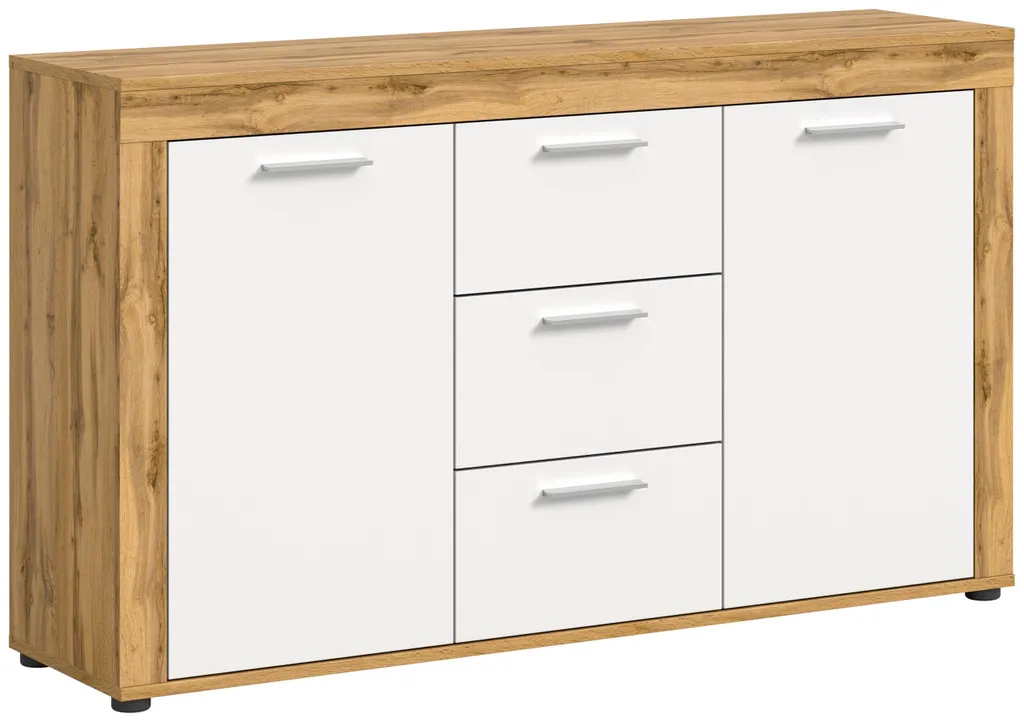 Buffet moderne de salon 125x80cm - Finition Chêne Wotan et Blanc (Jam)