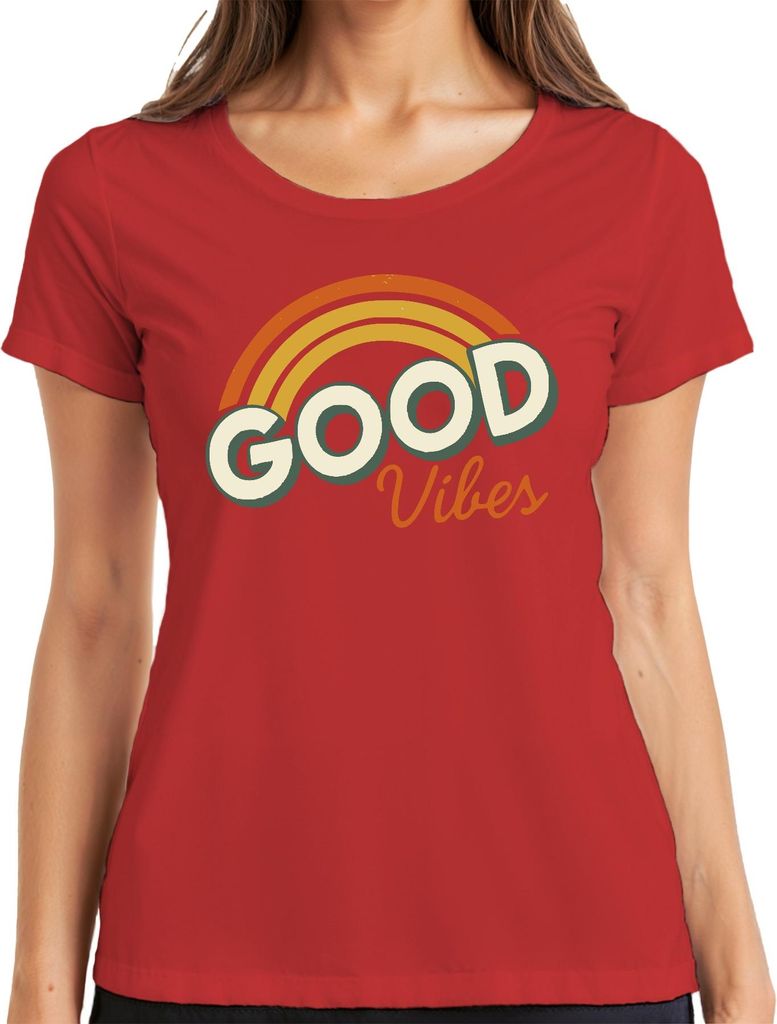 Good Vibes Retro Regenbogen Vintage 70erJahre Hippie Boho Sommer Damen T-Shirt, Rot, 3XL