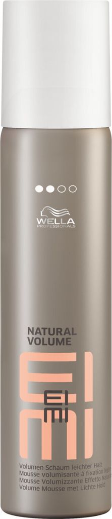 A product shot of a Wella EIMI Natural Volume hair mousse can.