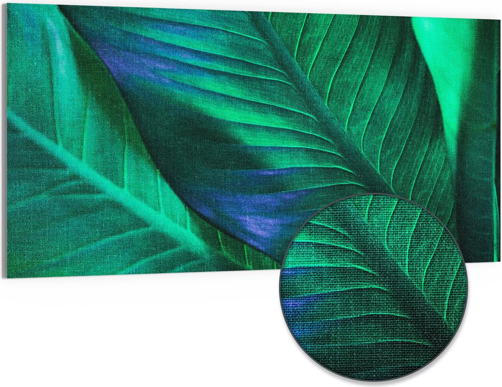 DEQORI Hybrid Leinwand Bild 100x50 cm 'Tropenblattstruktur' Wandbild Glas flach modern