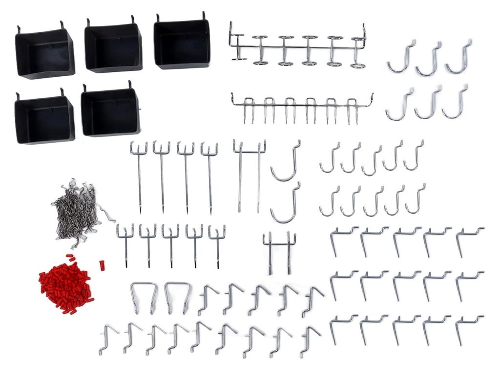 Haken-Sortiment für Stecktafeln, 114-teiliges Werkzeug-Aufbewahrungs-Set aus Edelstahl, kompatibel mit 1/8 Zoll und 1/4 Zoll Stecktafeln mit 1 Zol...