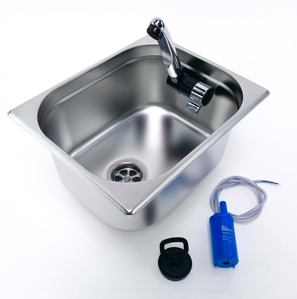 Edelstahl Spülbecken + Wasserhahn + Ablauf + Tauchpumpe Camping Spüle 12V Waschbecken