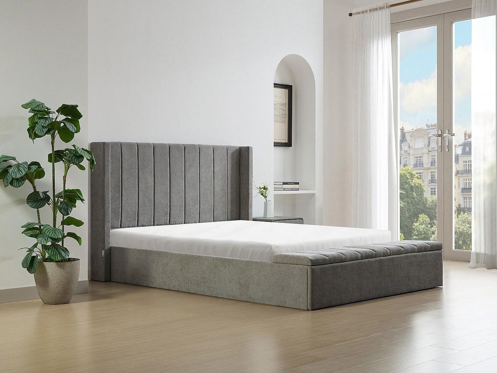 Bett mit Bettkasten & Bank + Matratze - 180 x 200 cm - Stoff - Grau - DOUINO