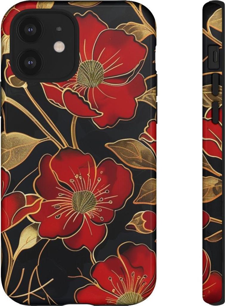 Rotes und goldenes Blumenmuster – Hülle Kompatibel mit iPhone 12