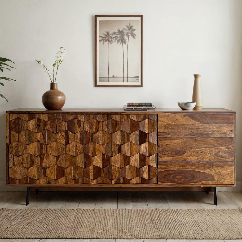 FineBuy Sideboard Sheesham Massivholz 175 cm 2 Türen & 3 Schubladen - Massive Retro Kommode Metall Beine - Design Natur Anrichte - Handdustrial