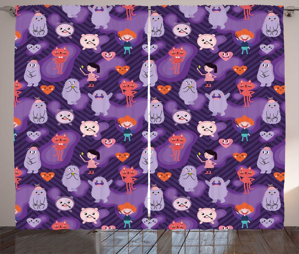 ABAKUHAUS Karikatur Rustikaler Gardine, Funky Herzen und Kreaturen, Wohnzimmer Universalband Gardinen mit Schlaufen und Haken, 280 x 225 cm, Dark P...