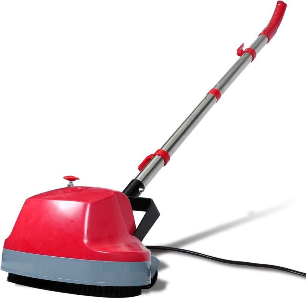 A floor polishing machine with a red and gray body and a silver handle against a white background.