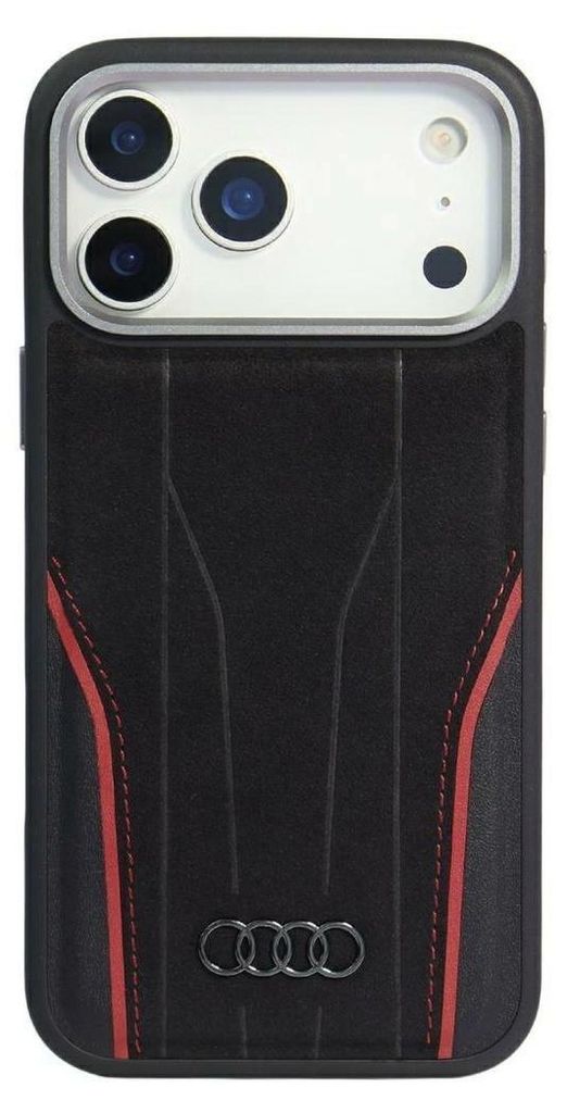 A black Audi R8 phone case with red stitching and the Audi logo.