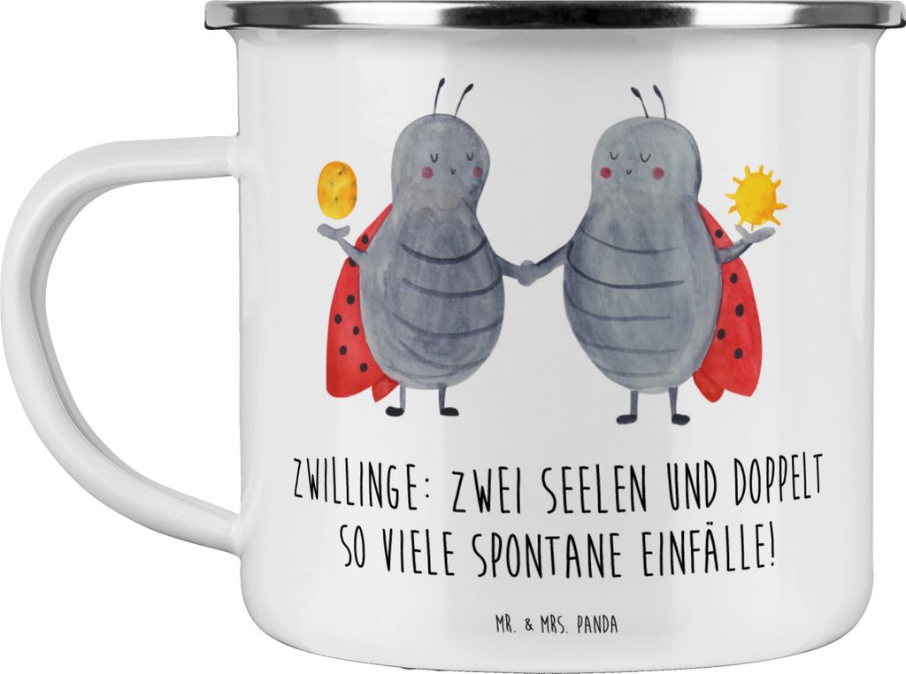 Mr. & Mrs. Panda Emaille Becher Zwillinge Abenteuer - Weiß - Geschenk, Horoskop, Pott, Tasse, Sternzeichen, Tierkreiszeichen, Teetasse, Dualität,...