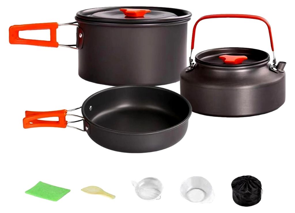 Camping Kochset - 3-teiliges Bratgeschirr, antihaftbeschichtet, stapelbar für Reisen, Picknick, Camping, Backpacking und Outdoor-Aktivitäten