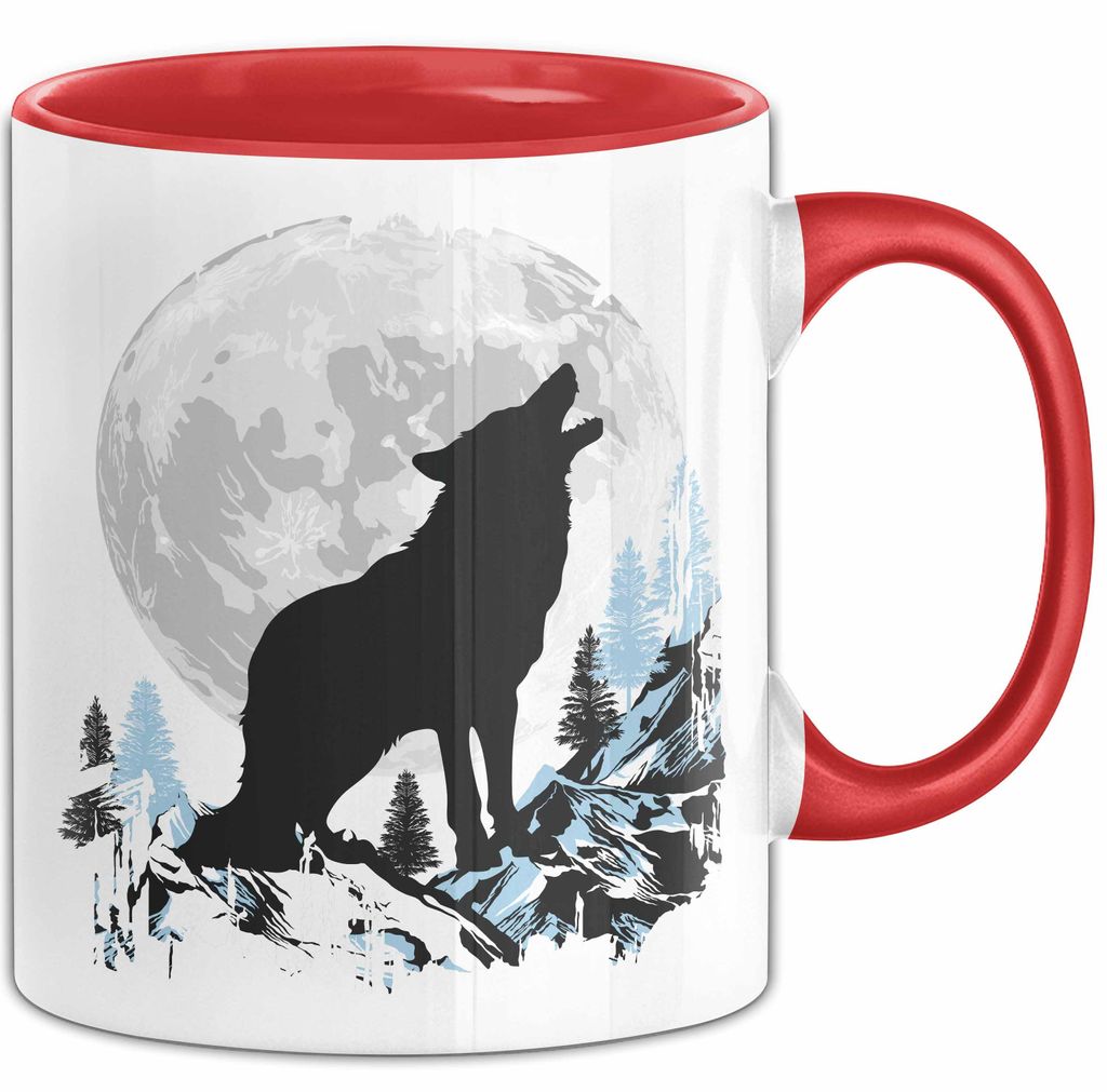 Wolf Tasse Geschenk Heulender Wolf Vollmond Grafik Geschenkidee (Rot)