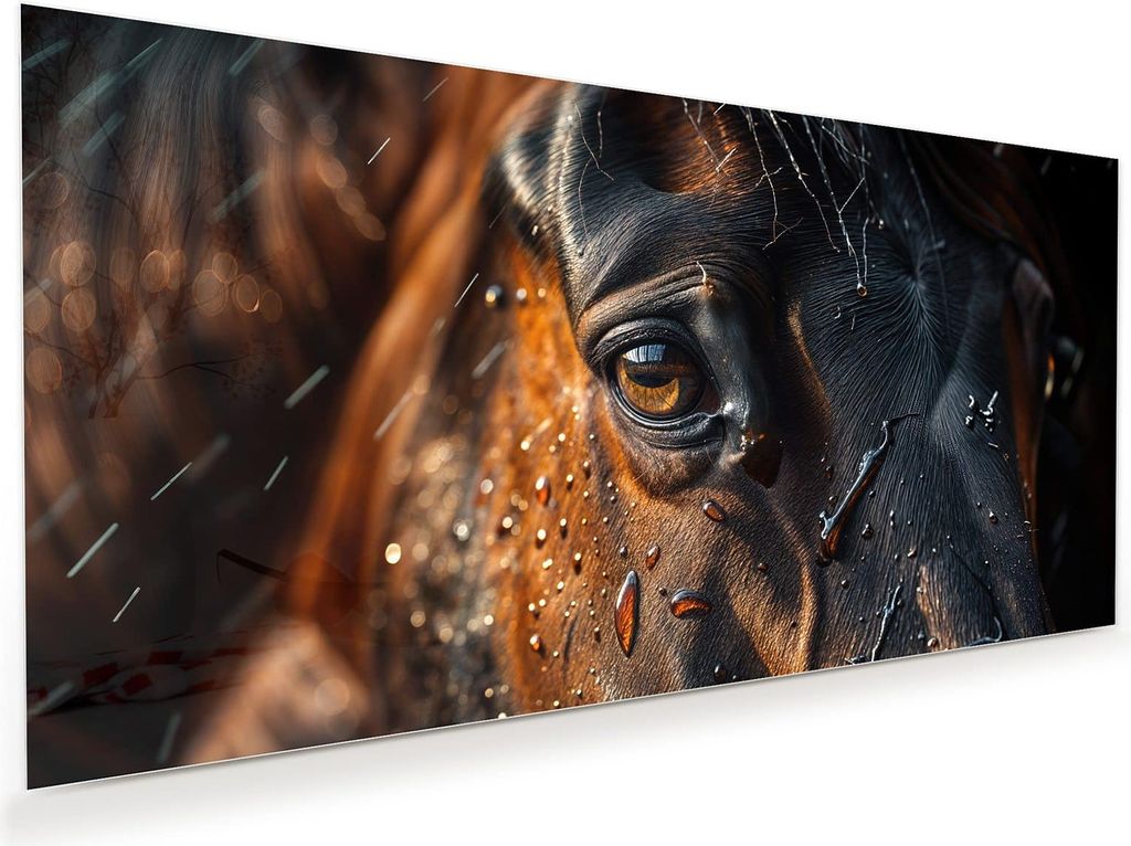 Glasbild 110x55cm in XXL für Wohnzimmer, Schlafzimmer Motiv Pferdeauge im Regen