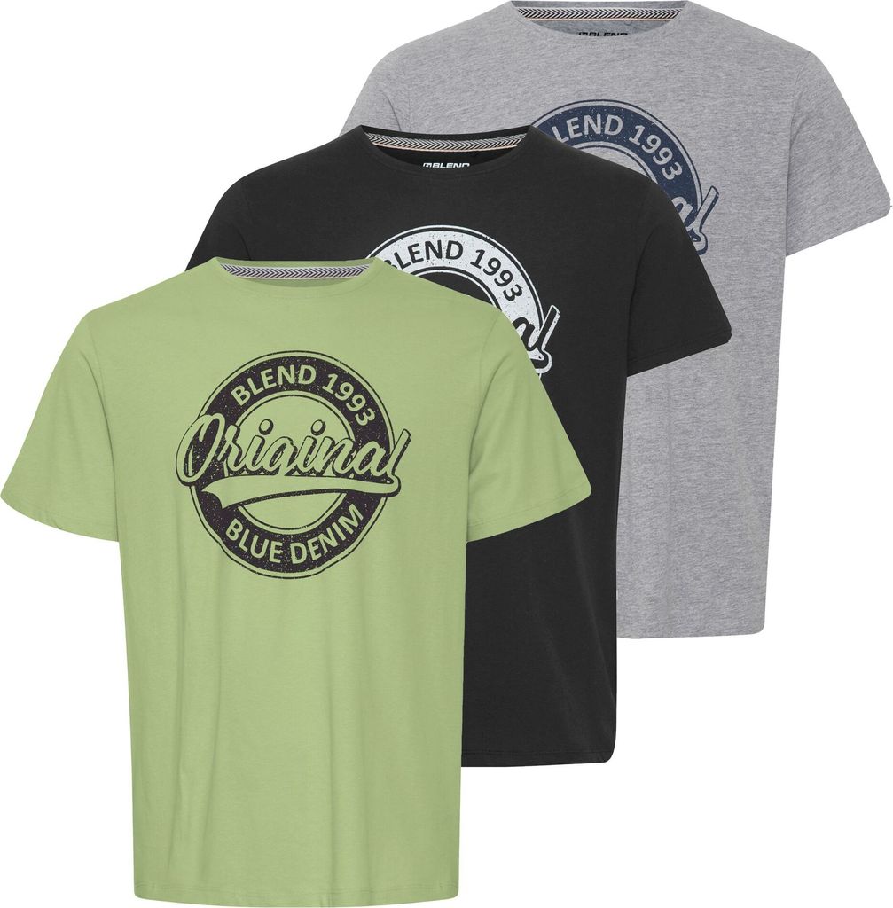 Blend 20715726 Herren T-Shirt Kurzarm Shirt mit Print Rundhals-Ausschnitt Frontprint hochwertige Baumwoll-Qualität 3-Pack Multipack
