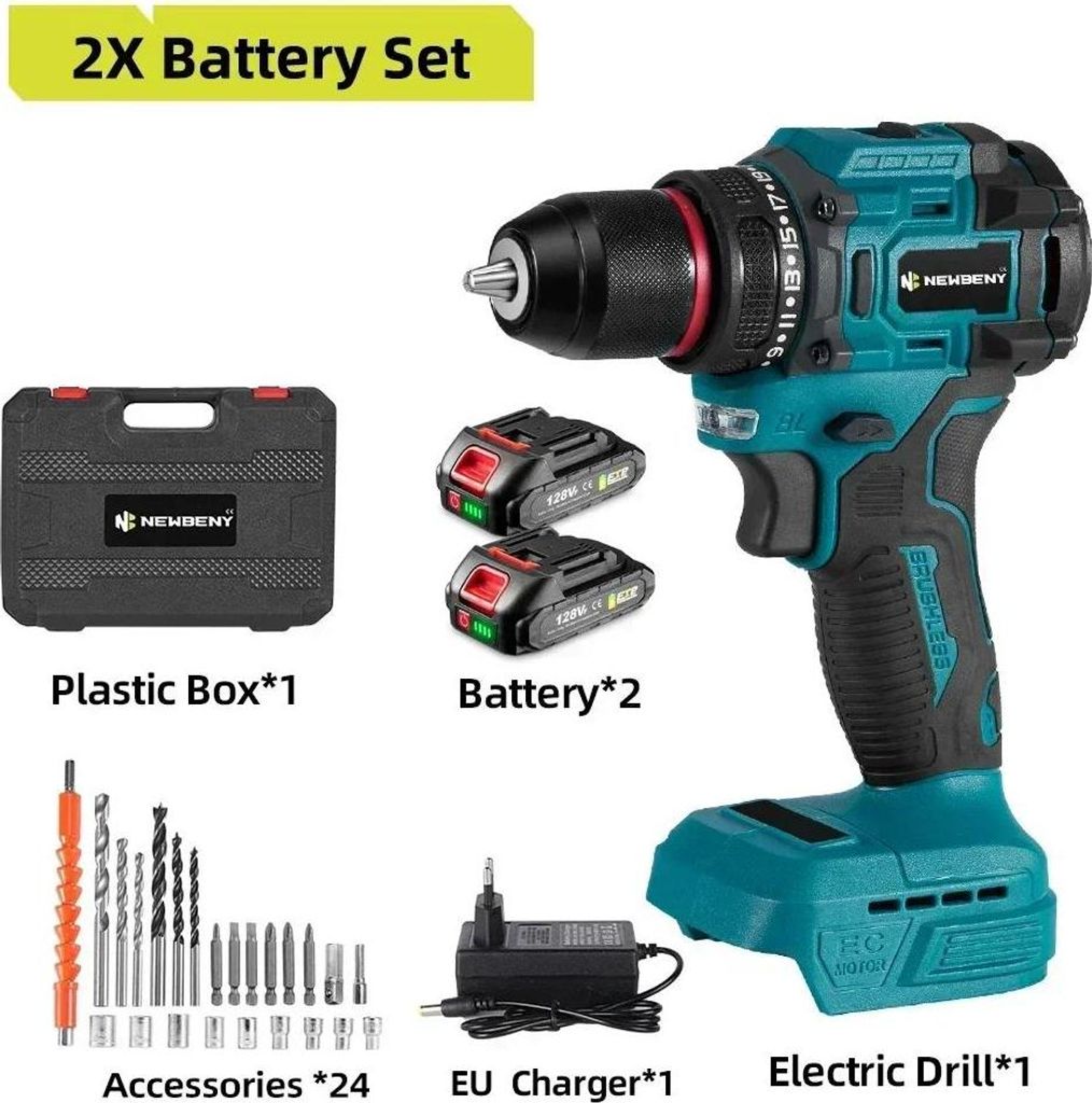 Akkubohrschrauber - Bürstenlos 18V - Schnellspannbohrfutter 10 mm - Zwei Gänge - Drehmomentstufen 21+2 - Zwei Akkus, EU-Ladegerät - Rot