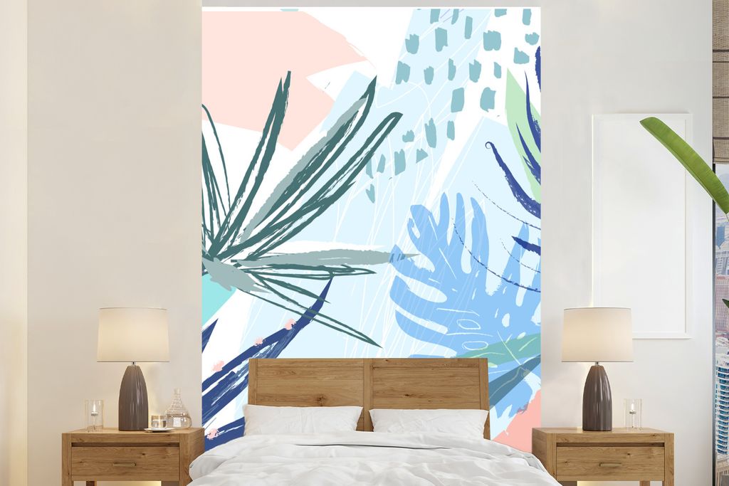 MuchoWow Fototapete für Wohnzimmer oder Schlafzimmer Wandtapete Vinyl Motivtapete Sommer - Hellblau - Pflanze - 145x220 cm - Wanddekoration