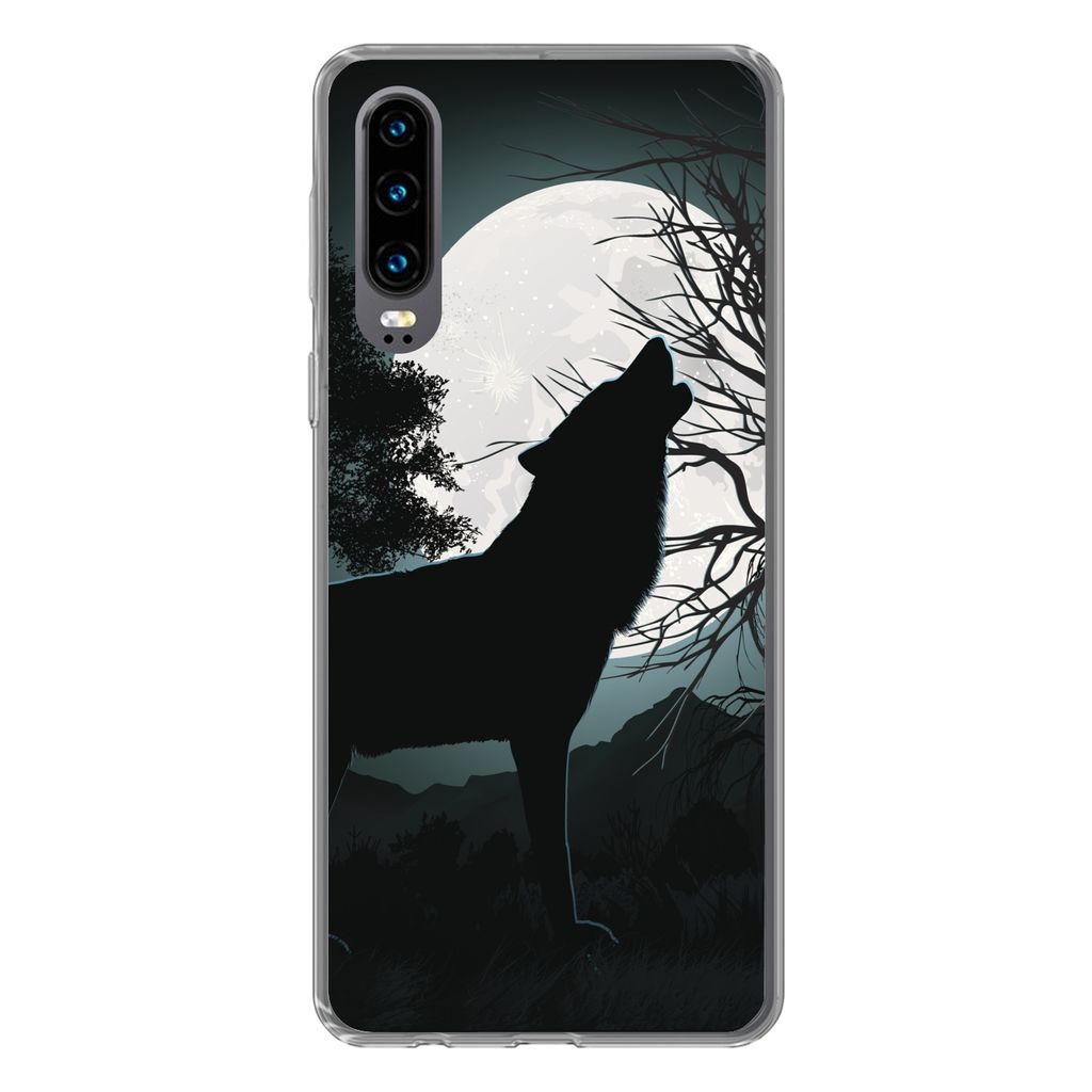 MuchoWow Handyhülle Schutzhülle Hülle für Huawei P30 Wolf - Scherenschnitt - Mond Silikon Softcase Handy Hülle - Kartenbesitzer