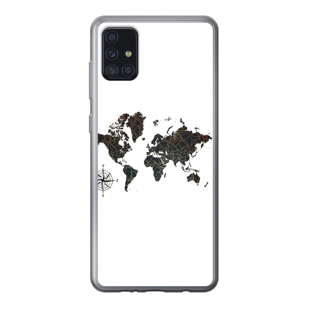 MuchoWow Handyhülle Schutzhülle Hülle für Samsung Galaxy A52 5G Weltkarte - Gold - Schwarz - Windrose Silikon Softcase Handy Hülle - Umschlag