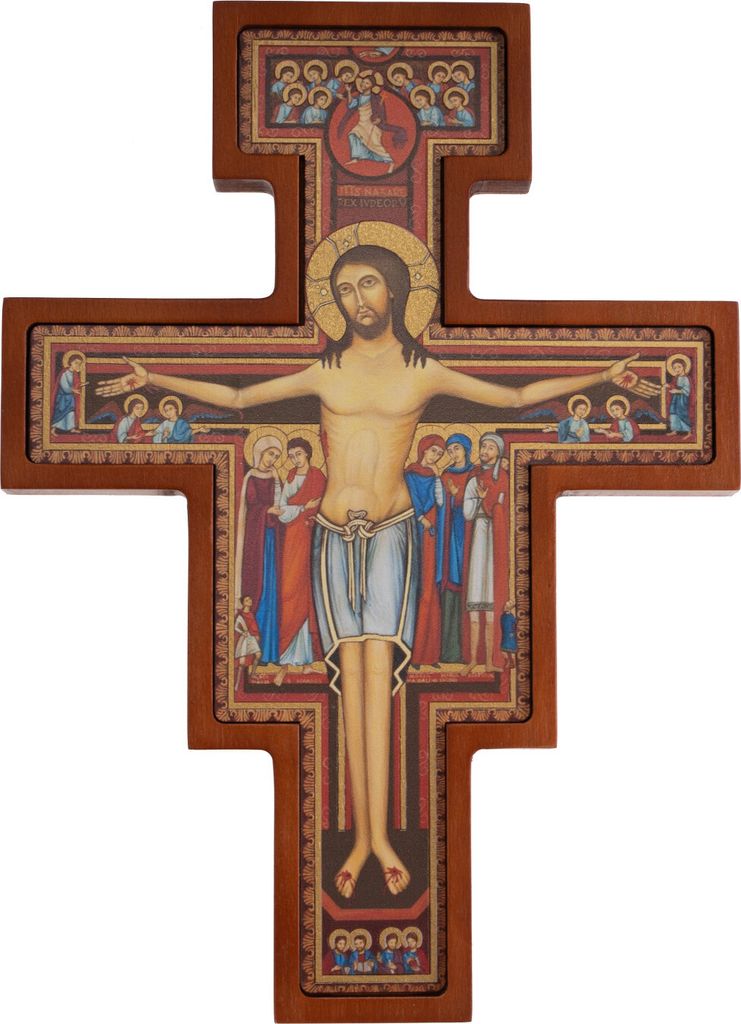 Kruzifix San Damiano Holzkreuz des Heiligen Franziskus Wandkreuz Kreuz 28 cm Buchenholz Braun