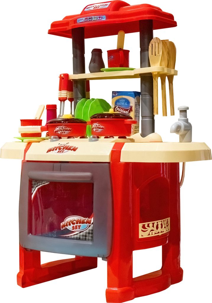 Aga4Kids Plastik-Kinderküche mit Zweiplattenherd und Backofen, Küchenspülbecken mit Wasserhahn, beleuchtete Brenner und Dunstabzugshaube, Rot