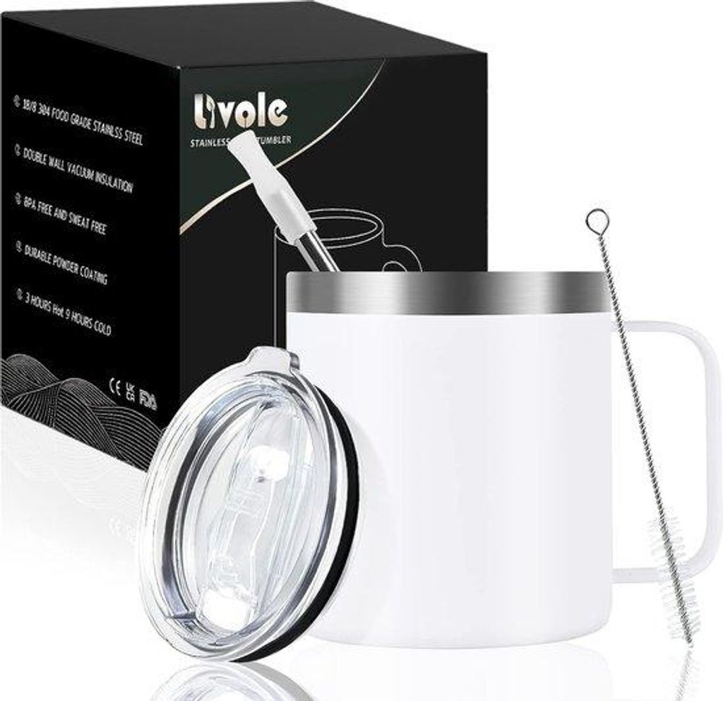 Isolierter Campingbecher, 350 ml, mit Deckel und Trinkhalm, doppelwandiger Thermobecher 350 ml, vakuum Thermobecher mit Griff, Kaffee-to-go Becher,...