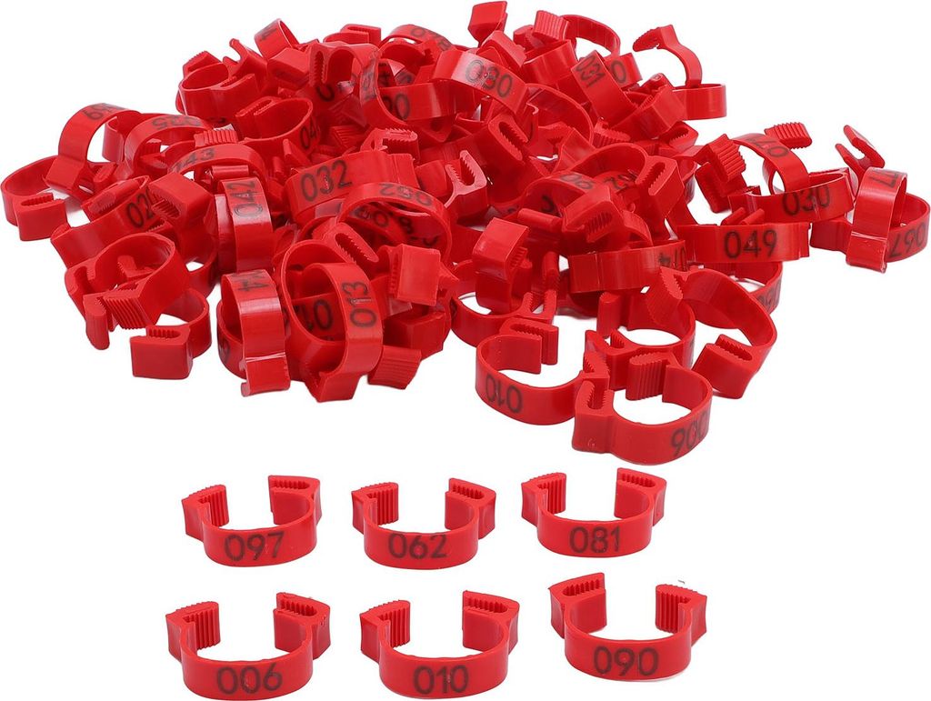 100 Stück Hühnerbeinbänder, 20 mm, 001 bis 100, nummerierte Geflügel-Identifikationsmarken für Küken, Enten, Tauben, Gänse, Wachteln, Rot