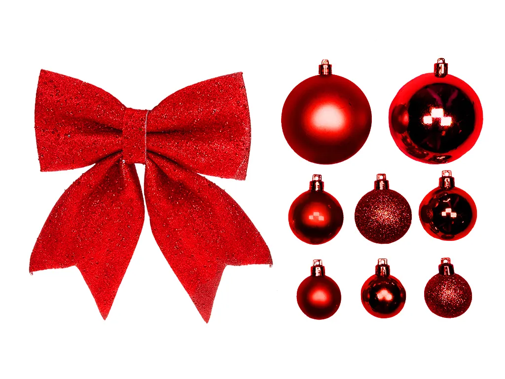 Set déco sapin Noël rouge 73 pcs incassables avec boîte de rangement