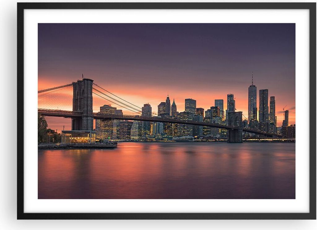 Gerahmtes Poster - Schwarzer Rahmen - New York Brücke Nacht - 70x50 cm - Wand Bild - Wanddeko - Wandbilder - Kunstposter - Wandposter - Bilderrahm...