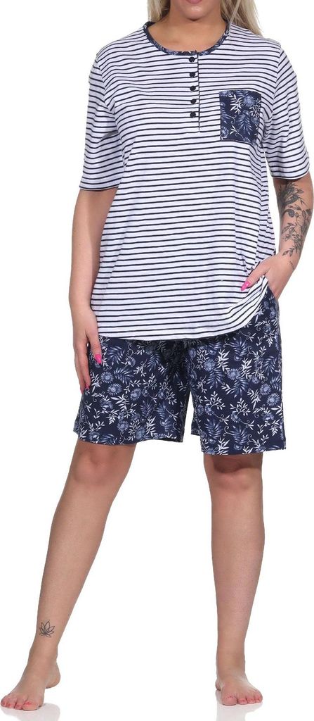 Damen Schlafanzug Shorty Pyjama kurzarm, Oberteil gestreift, Hose mit Blümchen ; weiss , 40-42