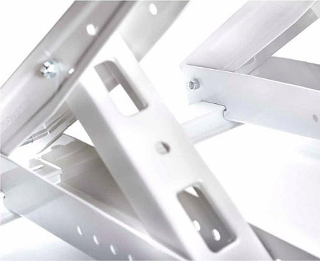 Close-up view of white metal brackets, likely for an air conditioner or similar equipment.