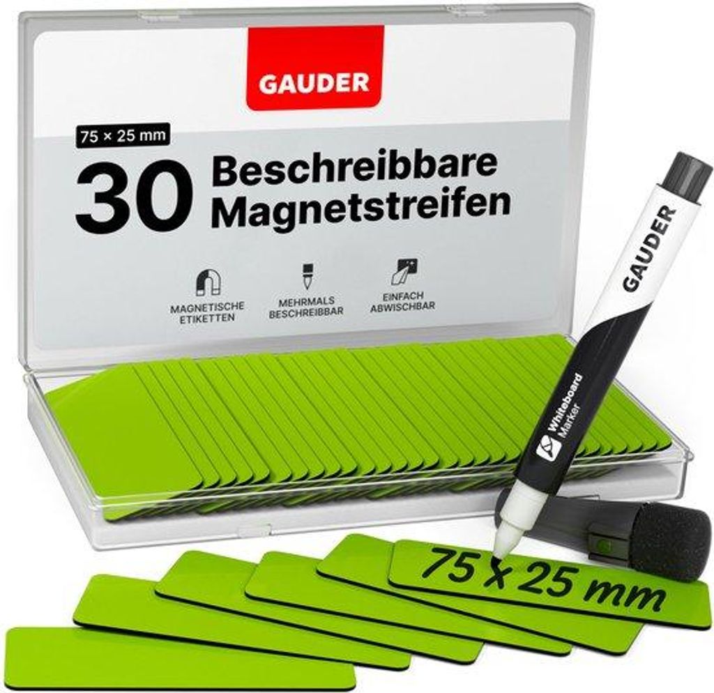 Magnetische Etiketten - Reusable Magnetische Borden für Whiteboards, Schule und Küche - Magnetkarten mit Marker (30 Stück, 75 x 25 mm)