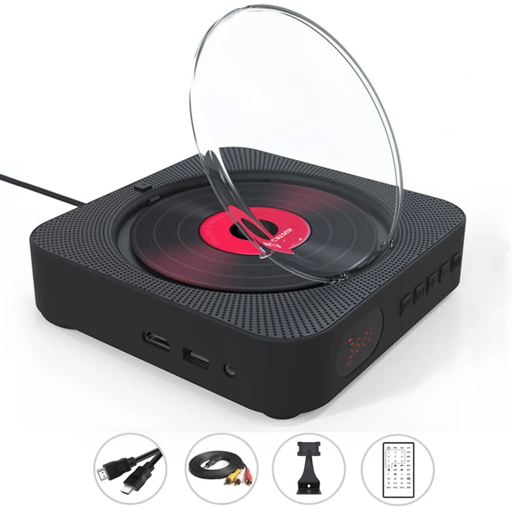 Lecteur CD Bluetooth Multifonction Noir avec Support et Fixation Murale