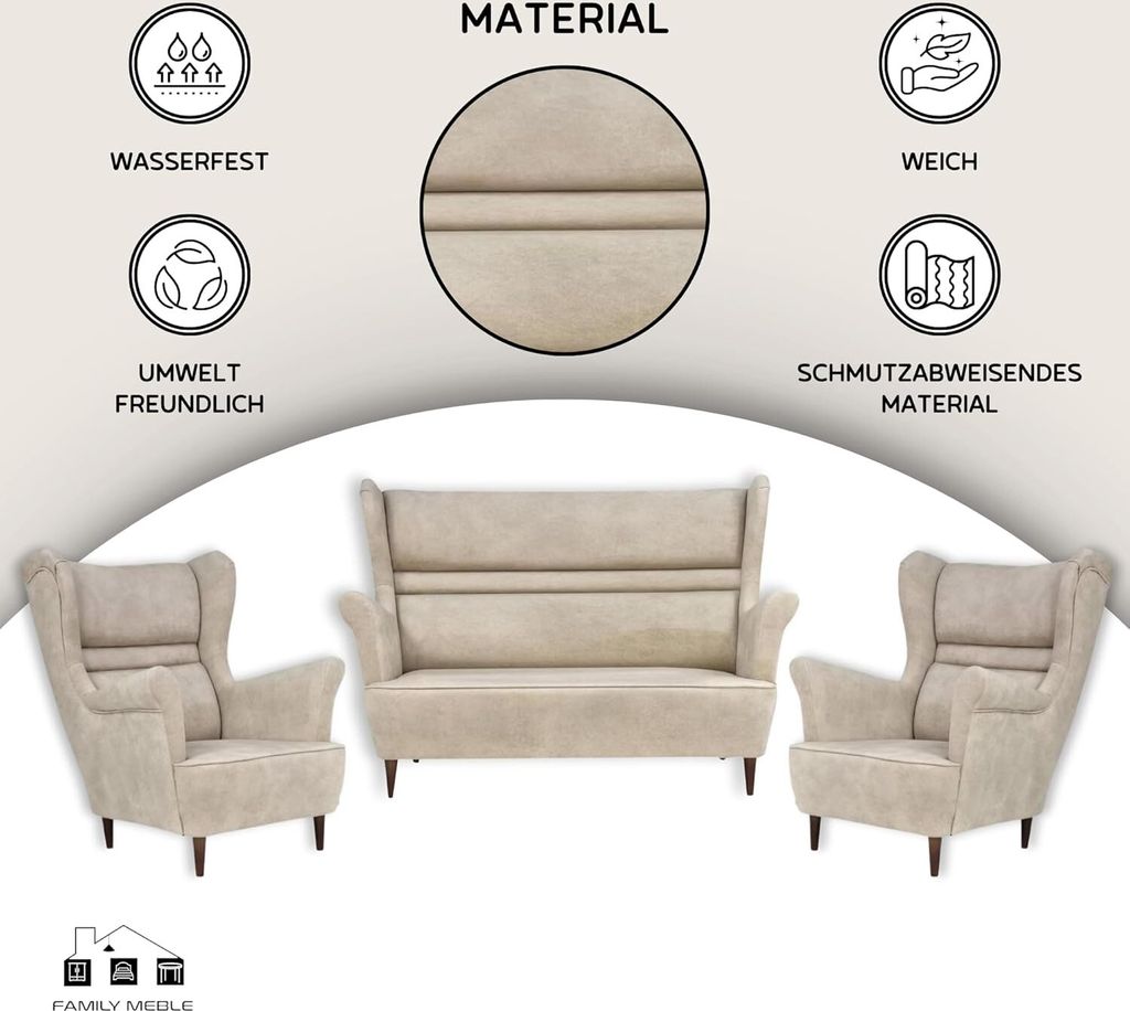 Family Meble Set aus Sofa + 2 Sessel Zoja 2-Sitzer Sofa Couch Zierpolsterung Freistehendes Lounge Sofa Bequem zum Entspannen Wohnzimmer Büro (AURA...