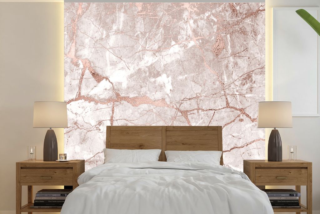 MuchoWow Fototapete für Wohnzimmer oder Schlafzimmer Wandtapete Vinyl Motivtapete Marmor - Rosa - Rose - Gold - 240x240 cm - Schlafzimmer-Tapete