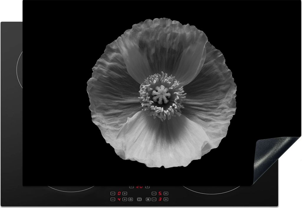 KitchenYeah Herdabdeckplatte Frühling - Mohn - Schwarz und weiß , 76x51cm, Küche Deko, Glaskeramikkochfeld Herdabdeckung, Abdeckplatte fùr Ko...