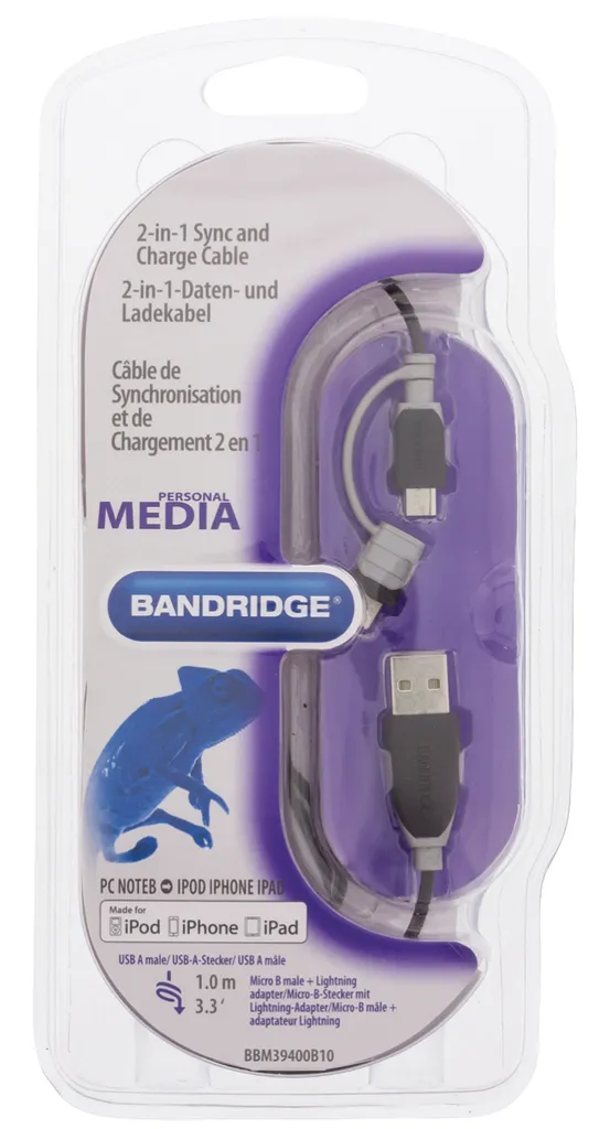 Câble USB 2-en-1 avec adaptateur Lightning et Micro-B 1,00 m Noir