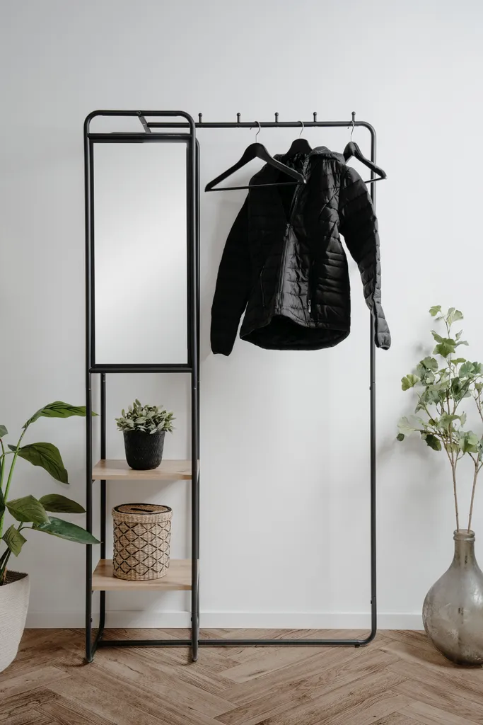 Vestiaire d'entrée avec miroir et étagères bois et noir Luton