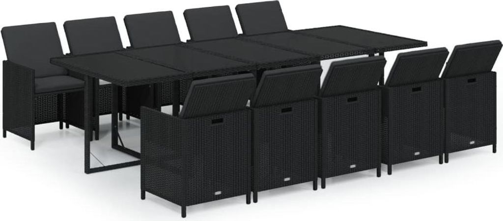 vidaXL 11-tlg. Garten-Essgruppe mit Kissen Poly Rattan Schwarz