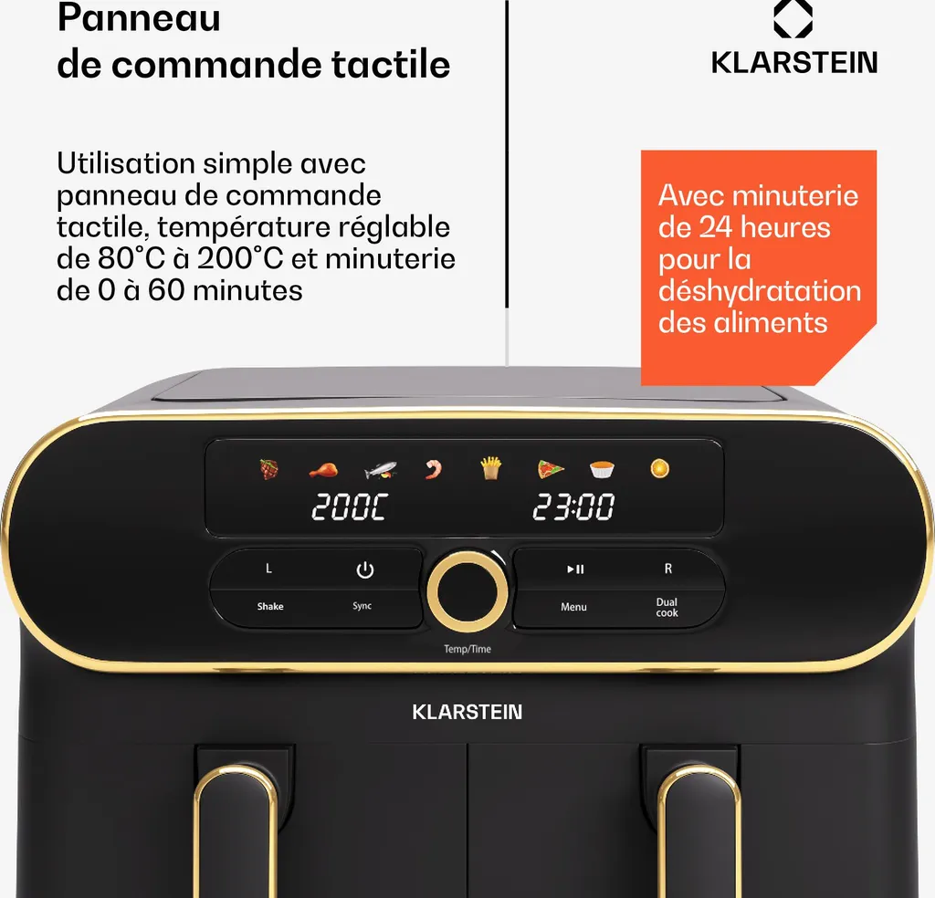 Klarstein AuraAir Color Touch Friteuse sans Huile 11L Double Zone Noire