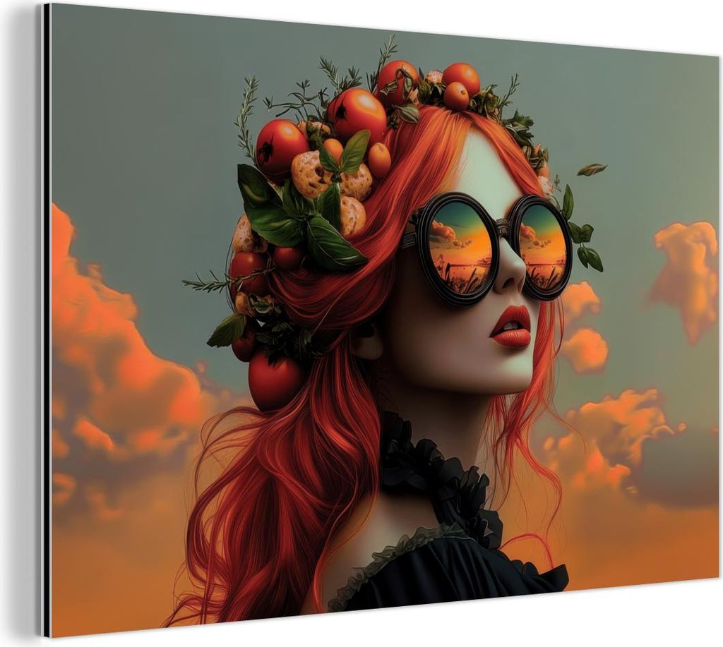 MuchoWow Wanddekoration Metall Metallbild Wandkunst 60x40 cm Frau - Krone - Tomate - Bascilicum - Sonnenbrille MuchoWow Aluminium Gemälde - Gemälder