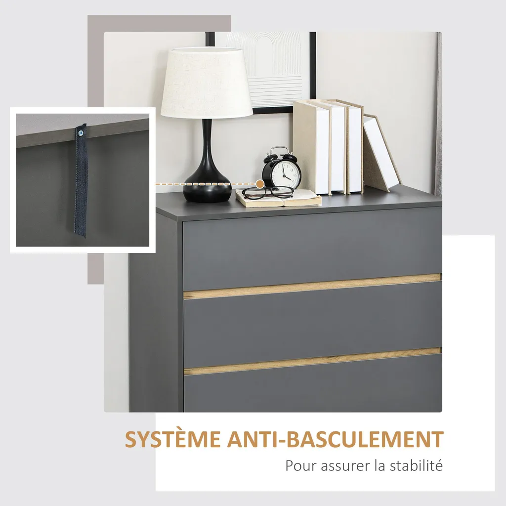 Commode scandinave grise sans poignée avec 3 grands tiroirs de rangement - 8