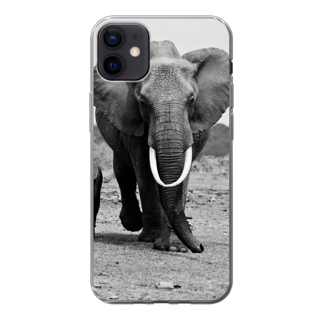 MuchoWow Handyhülle Schutzhülle Hülle für iPhone 12 mini Elefant - Kind - Schwarz - Weiß Silikon Softcase Handy Hülle - Bild