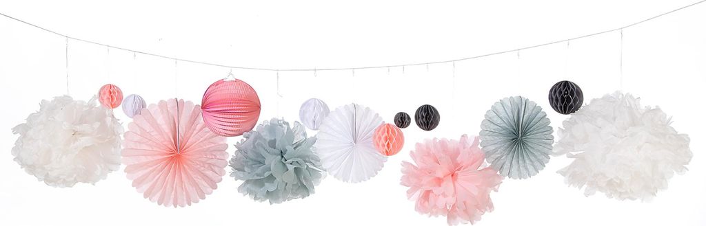 heimtexland Party Deko Set Pompoms Papier Lampions Wabenbälle Dekoration Hochzeit Taufe Geburtstag Girlande Hängedeko Typ863 Rosa Grau 20 Teile