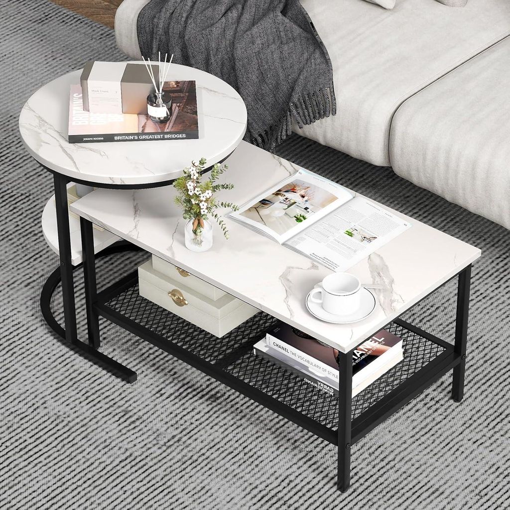 2-teiliges Couchtisch-Set, 2-stöckige Tische mit Tischplatte aus Kunstmarmor und Metallrahmen, rechteckiger Tisch und rundem Tisch (Schwarz + Weiß)