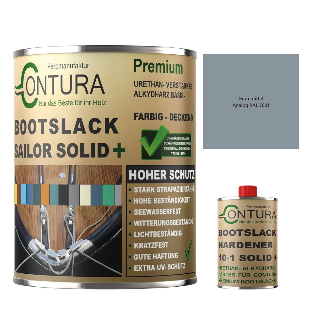Contura 550ml. 2K Bootslack GLÄNZEND RAL Farbe Yachtlack Holzlack GFK Metall Boot Schiffslack - Grau Mittel RAL 7001 - (500ml.+50ml. HÄRTER)