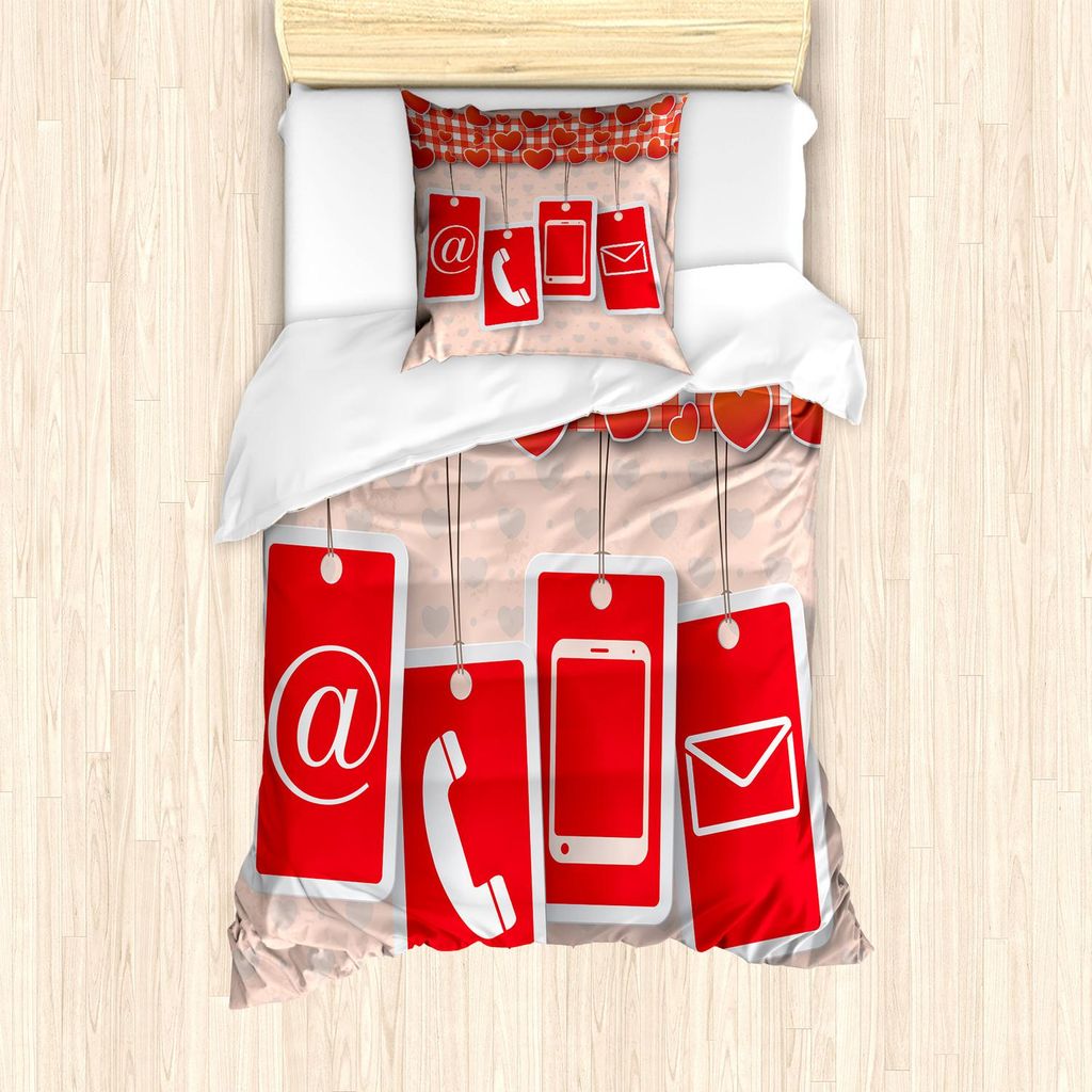 ABAKUHAUS Ruf Mama Bettbezug Set, Moderne Komposition mit Telefon-Icons und Herzen auf Checkered Plaid, 135 x 200 cm + 80 x 80 cm, Vermilion Pale Pink