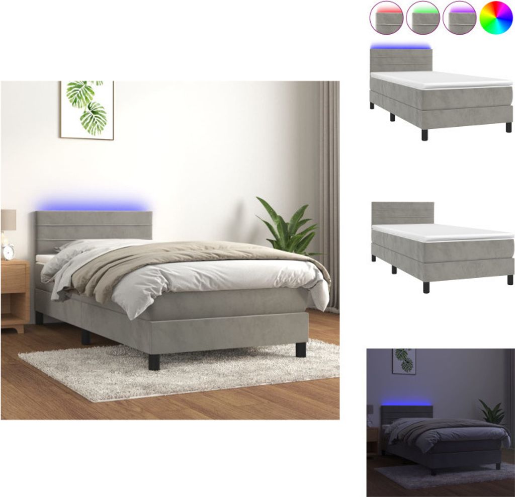 vidaXL Boxspringbett mit Matratze & LED Hellgrau 90x200 cm Samt - Betten & Bettgestelle