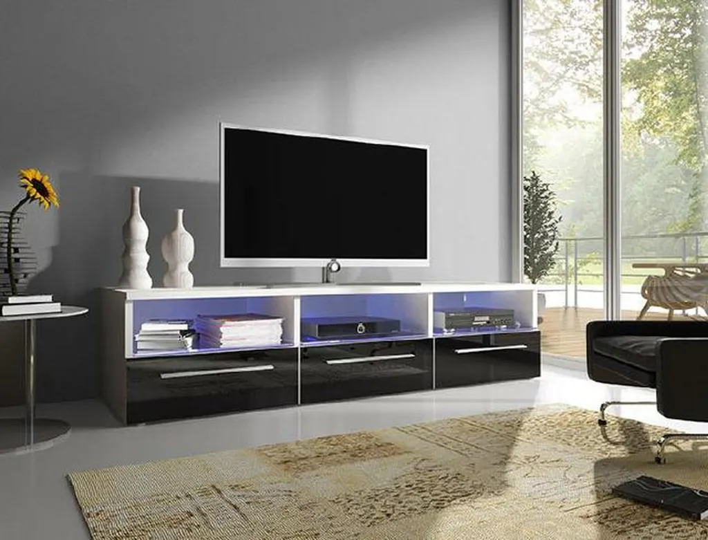 Meuble TV Brillant Lowboard avec Éclairage LED et Grands Rangements