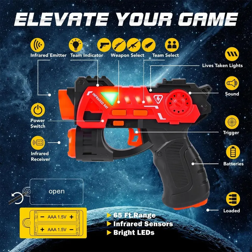Kit Laser Tag 4 Pistolets et Gilets Infrarouges - Pack Combat Noir Adultes - 4