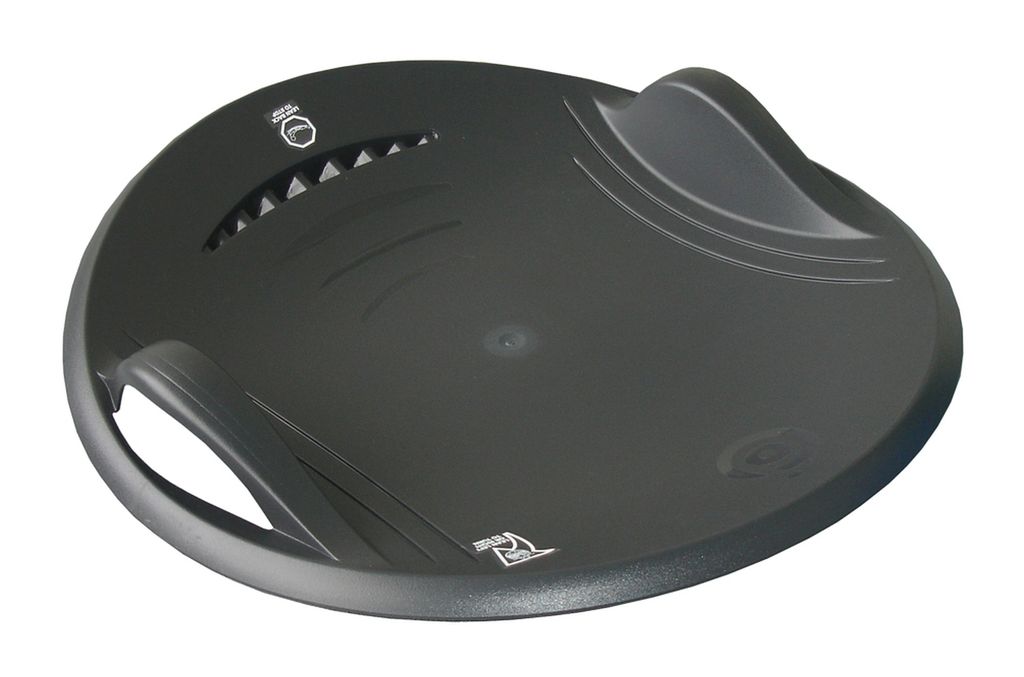 A black plastic sled on a white background.